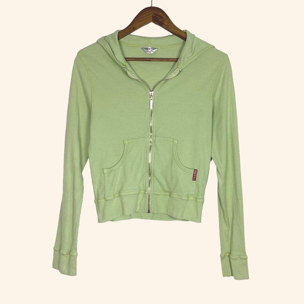Vintage Y2K Green Ribbed Zip-Up Hoodie